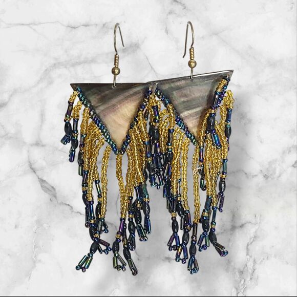 Vintage Big Abalone Shell Glass Seed Bead Chandelier Earrings 4" - Picture 3 of 10